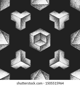 vector monochrome white retro dot art hand drawn cubical geometric volumetric blackwork design vintage tattoo style decoration shape illustration black background seamless pattern
