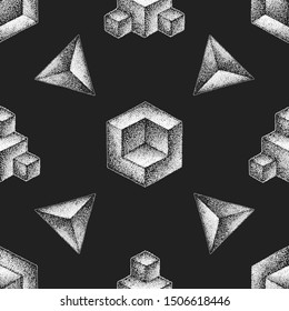 vector monochrome white retro dot art hand drawn cubical geometric volumetric blackwork design vintage tattoo style decoration shape illustration black background seamless pattern
