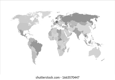 Vector monochrome world map, atlas background isolated o white, gray map template with geographic borders, abstract graphic backdrop.