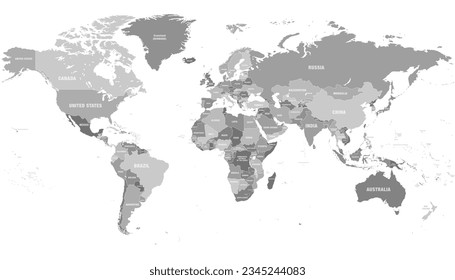 Vector monochrome world map, atlas background isolated o white, gray map template with geographic borders, abstract graphic backdrop