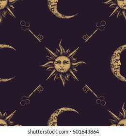 vector monochrome yellow gold color hand drawn engraving sun face vintage key moon illustration on dark brown isolated background deco seamless pattern
