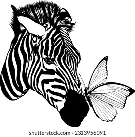 vector monochrome Zebra head with butterfly animal