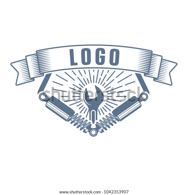 vector\
monochtome vehicle suspension repair service logo in retro style;\
auto servise emblem; repair company business\
logo