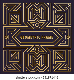 Elementos de design de monograma vetorial em estilo de linha vintage e mono na moda com espaço para texto - quadro geométrico dourado abstrato, modelo de embalagem. Use para anúncio, cartaz, cartão, capa. Art déco