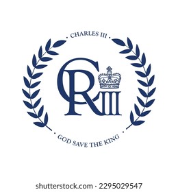 Vector monogram of King Charles III with roud wreath and text - God cave the king. Vector illustration.