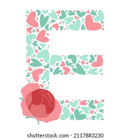 Vector monogram letter E with hearts and peony flowers. Font letter E design alphabet with cute playful love pattern. Beautiful elements for your logo, web, clothing prints, Valentines Day cards.