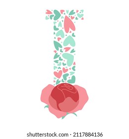 Monograma I con corazones y flores de peonía. Letra de letra Yo diseño alfabeto con lindo patrón de amor juguetón. Hermosos elementos para tu logo, web, huellas de ropa, tarjetas de San Valentín.