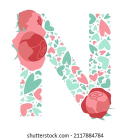 Monograma de vectores N con corazones y flores de peonía. Letra de letra N alfabeto de diseño con lindo patrón de amor juguetón. Hermosos elementos para tu logo, web, huellas de ropa, tarjetas de San Valentín.