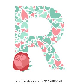 Vector monogram letter R with hearts and peony flowers. Font letter R design alphabet with cute playful love pattern. Beautiful elements for your logo, web, clothing prints, Valentines Day cards.