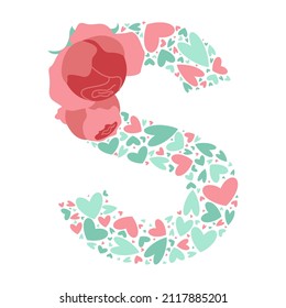 Vector monogram letter S with hearts and peony flowers. Font letter S design alphabet with cute playful love pattern. Beautiful elements for your logo, web, clothing prints, Valentines Day cards.