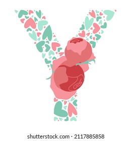 Vector monogram letter Y with hearts and peony flowers. Font letter Y design alphabet with cute playful love pattern. Beautiful elements for your logo, web, clothing prints, Valentines Day cards.