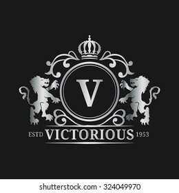 Vector monogram logo template. Luxury letter design. Graceful vintage character with crown and lions illustration. Used for hotel, restaurant, boutique, jewellery invitation, business card etc.