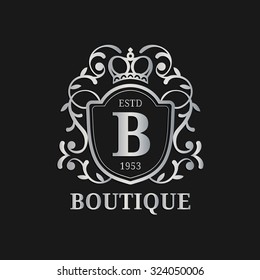 Vector monogram logo template. Luxury letter design. Graceful vintage character with crown illustration. Used for hotel, restaurant, boutique, jewellery invitation, business card etc.