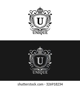 Vector monogram logo template. Luxury letter design. Graceful vintage character with crown illustration. Used for hotel, restaurant, boutique, jewellery invitation, business card etc.