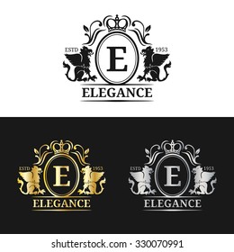 Vector monogram logo template. Luxury letter design. Graceful vintage character with griffin symbols illustration. Used for hotel, restaurant, boutique, jewellery invitation, business card etc.