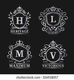 Vector monogram logo templates. Luxury letters design. Graceful vintage characters with crowns illustration. Used for hotel, restaurant, boutique, jewellery invitation, business card etc.