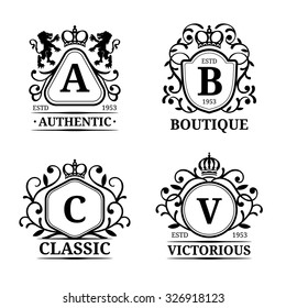 Vorlagen für Vektormonogramm-Logos Luxusbriefe Design. Anmutige Vintage-Figuren mit Krone und Löwen-Illustration. Verwendet für Hotel, Restaurant, Boutique, Schmuck Einladung, Visitenkarte usw.