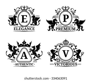 Vector monogram logo templates. Luxury letters design. Graceful vintage characters with animals silhouettes illustrations used for hotel, restaurant, boutique, jewellery invitation, business card etc.