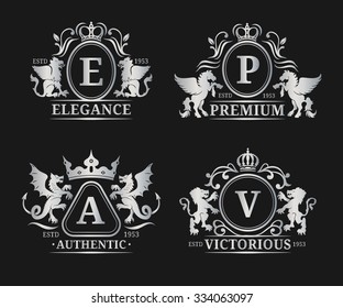 Vector monogram logo templates. Luxury letters design. Graceful vintage characters with animals silhouettes illustrations used for hotel, restaurant, boutique, jewellery invitation, business card etc.