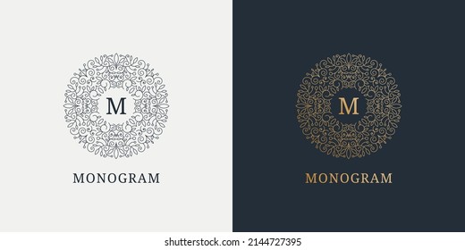 Logotipo lineal de lujo vectorial monocasco, icono de la compañía. Marco decorativo para Menú Restaurante, Hotel, Joyería, Moda, Etiqueta, Cartel, Cartel, Insignia. Círculo, forma redonda