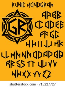 vector monogram pattern with set of two-sided letters in runic style
