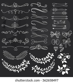 Vector monogram, ribbons, arrows, plants on the chalkboard.