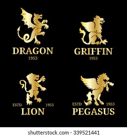 Vector monogram templates. Luxury pegasus, dragon, lion, griffin design. Graceful vintage animal silhouettes illustrations for hotel, restaurant, boutique, jewellery invitation, business card etc.