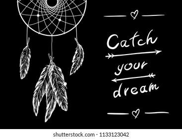 Vector monohrome hand draw illustration dreamcatcher with feathers and design lettering
