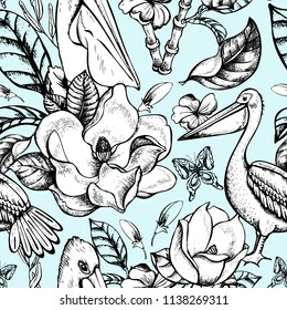 Vector monohrome tropical floral seamless pattern, Magnolias and Pelican, natural illustration on pink background