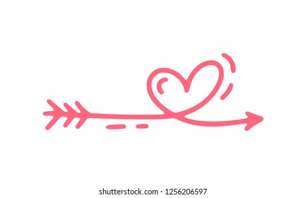 Vector monoline arrow with heart. Valentines Day Hand Drawn icon. Holiday sketch doodle Design plant element valentine. love decor for web, wedding and print. Isolated illustration.