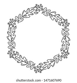 Vector monoline autumn wreath. Bouquet frame with leaves, berries and other autumnal elements isolated on white background. Perfect for seasonal holidays, Thanksgiving Day