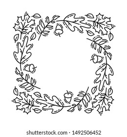 Vector monoline autumn wreath. Bouquet frame with leaves, berries and other autumnal elements isolated on white background. Perfect for seasonal holidays, Thanksgiving Day