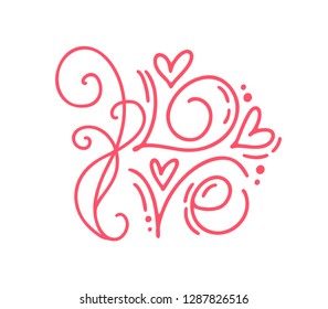 Vector monoline calligraphy word Love. Valentine Day Hand Drawn lettering. Holiday sketch doodle Design card with Heart frame. Isolated illustration decor for web, wedding and print