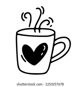 Vector monoline cute cup of coffee with heart. Valentines Day Hand Drawn icon. Holiday sketch doodle Design element valentine. love decor for web, wedding and print. Isolated illustration.
