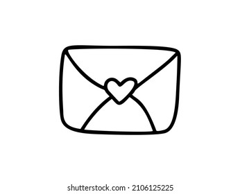 Vector monoline envelope with heart. Valentines Day Hand Drawn icon. Holiday sketch doodle Design element valentine. love decor for web, wedding and print. Isolated illustration.