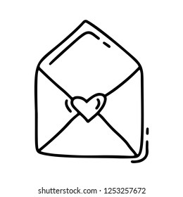 Vector monoline envelope. Valentines Day Hand Drawn icon. Heart Holiday sketch doodle Design element valentine. love decor for web, wedding and print. Isolated illustration.