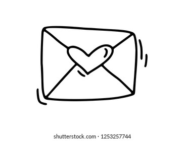 Vector monoline envelope. Valentines Day Hand Drawn icon. Heart Holiday sketch doodle Design element valentine. love decor for web, wedding and print. Isolated illustration.