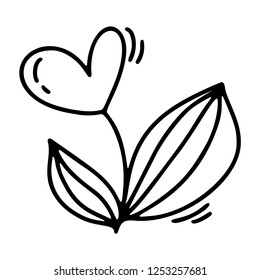 Vector monoline flower with heart. Valentines Day Hand Drawn icon. Holiday sketch doodle Design plant element valentine. love decor for web, wedding and print. Isolated illustration.