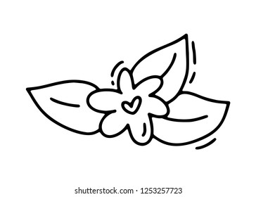 Vector monoline flower with heart. Valentines Day Hand Drawn icon. Holiday sketch doodle Design plant element valentine. love decor for web, wedding and print. Isolated illustration.