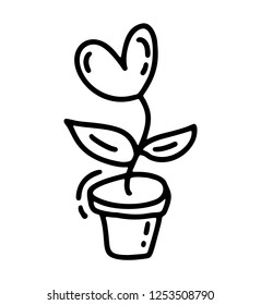 Vector monoline flower with heart. Valentines Day Hand Drawn icon. Holiday sketch doodle Design plant element valentine. love decor for web, wedding and print. Isolated illustration