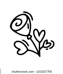 Vector monoline flower with hearts. Valentines Day Hand Drawn icon. Holiday sketch doodle Design plant element valentine. love decor for web, wedding and print. Isolated illustration.