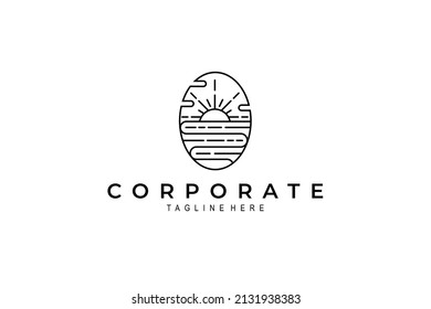 Vector monoline logo an abstract image of a seascape with a shining sun.