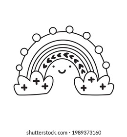 Vector monoline rainbow with face and clouds in cartoon scandinavian style isolated on white background for kids. Cute spring illustration in hand drawn prints, children books. Black and white