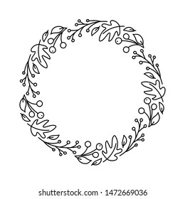 Vector monoline round autumn wreath. Bouquet frame with leaves, berries and other autumnal elements isolated on white background. Perfect for seasonal holidays, Thanksgiving Day