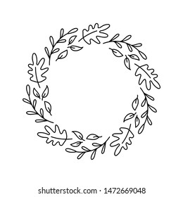Vector monoline round autumn wreath. Bouquet frame with leaves, berries and other autumnal elements isolated on white background. Perfect for seasonal holidays, Thanksgiving Day