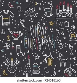Vector monoline seamless pattern of cute Christmas symbols with trendy lettering on a black background.
