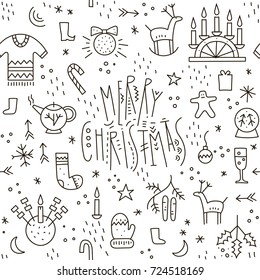 Vector monoline seamless pattern of cute Christmas symbols with trendy lettering on a white background.