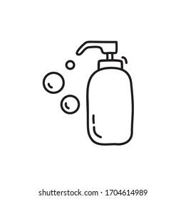 Vector monoline soap gel bottle logo icon with bubbles. Simple element illustration for coronavirus covid-19. Personal hygiene and disinfection notice.