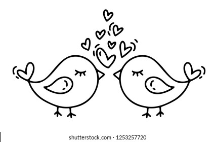 Vector monoline two birds with hearts. Valentines Day Hand Drawn icon. Holiday sketch doodle Design plant element valentine. love decor for web, wedding and print. Isolated illustration.
