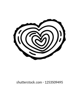Vector monoline Valentines Day Hand Drawn stylized wooden Heart. Holiday sketch doodle Design element valentine. Icon love decor for web, wedding and print. Isolated illustration.